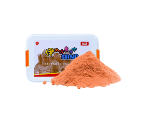 white container with orange play sand beside it