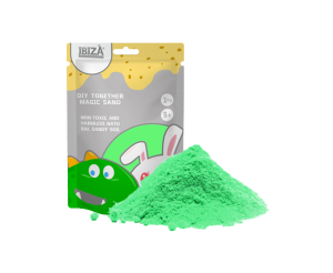 package of green moldable sand with dinosaur design