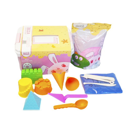 DIY magic sand kit with colorful molds and tools