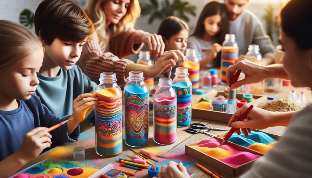 Kids and adults crafting vibrant sand art in glass bottles