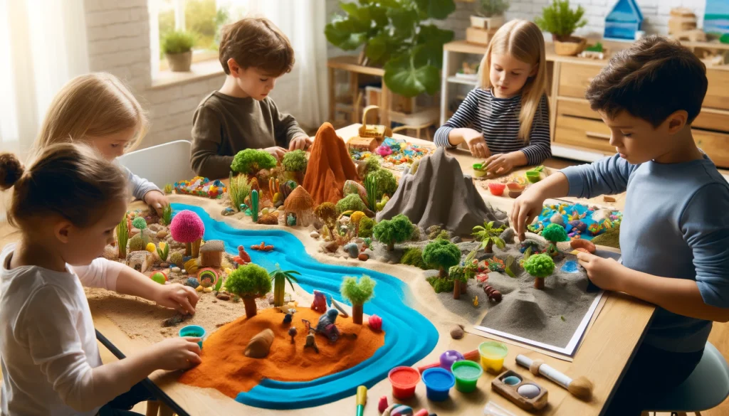 Children creating a vibrant sand landscape with trees and mountains