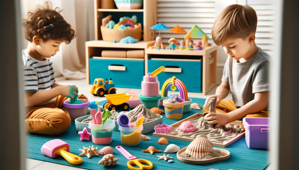 Kids playing with vibrant magic sand and toys on a blue mat