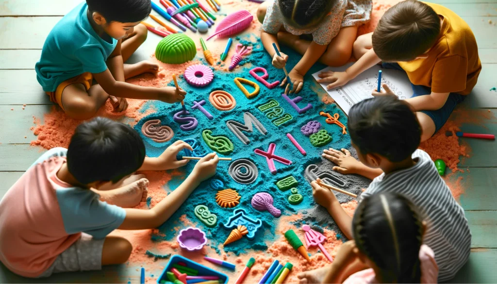 Kids drawing letters in colorful magic sand with sticks