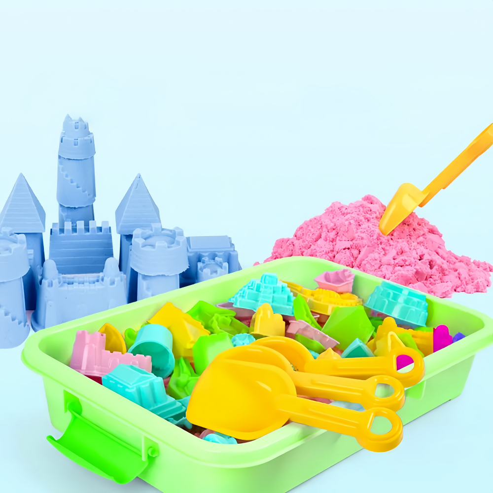 Colorful kinetic sand playset with shovels, molds, and a castle in a green container