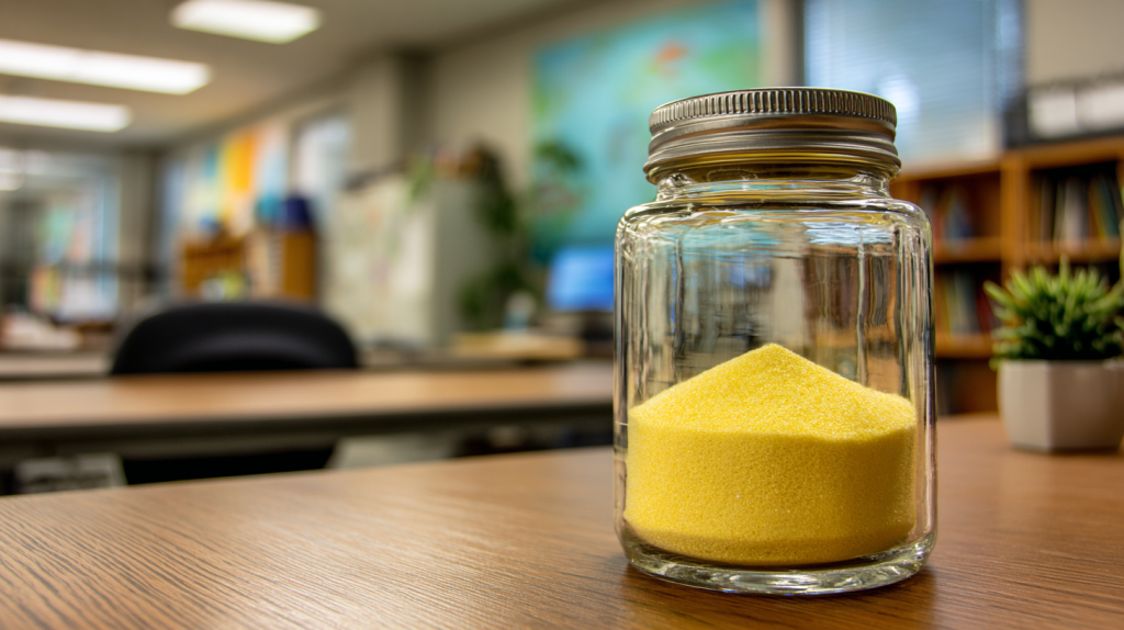 glass jar with yellow kinetic sand on desk