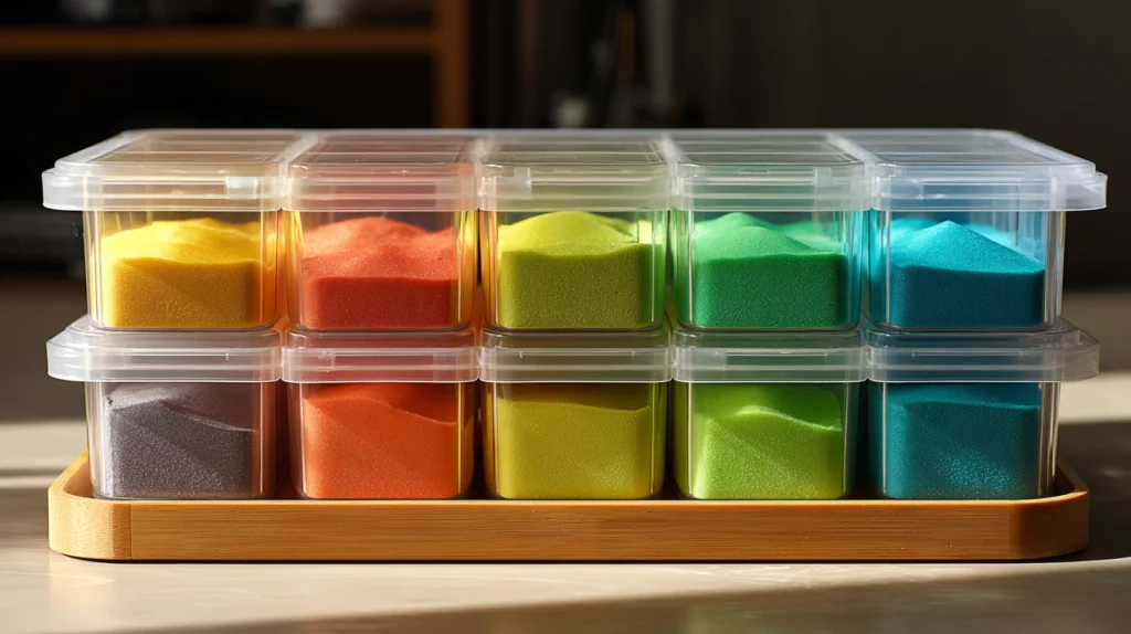 eight containers of colorful kinetic sand on wooden tray