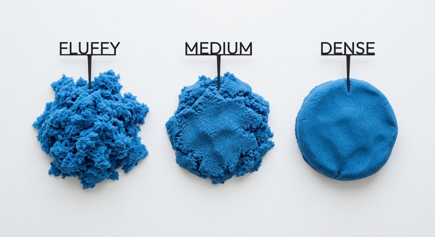 Three piles of blue kinetic sand showing fluffy, medium, and dense textures