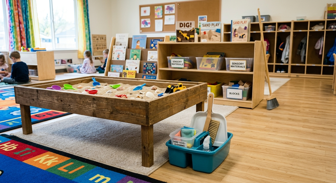Wooden sand station with toys and blue cleanup caddy in preschool classroom