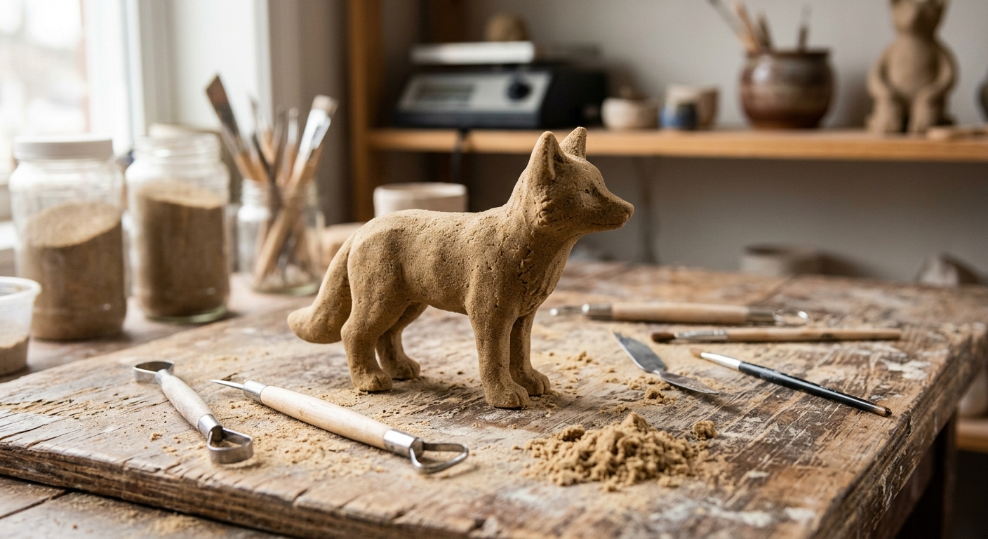 Sand sculpture of a fox on a workbench with tools