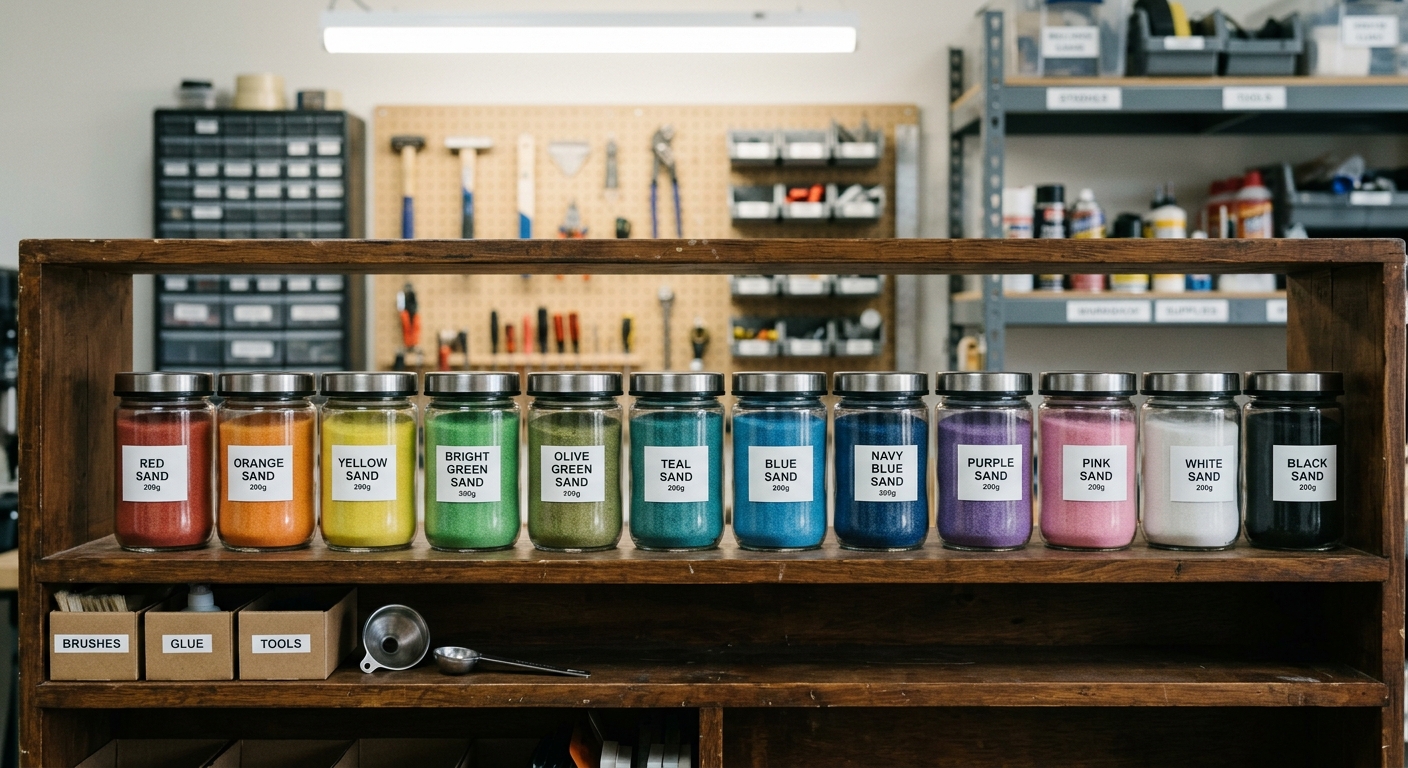 Jars of colorful sands lined up on a wooden shelf in a craft workshop