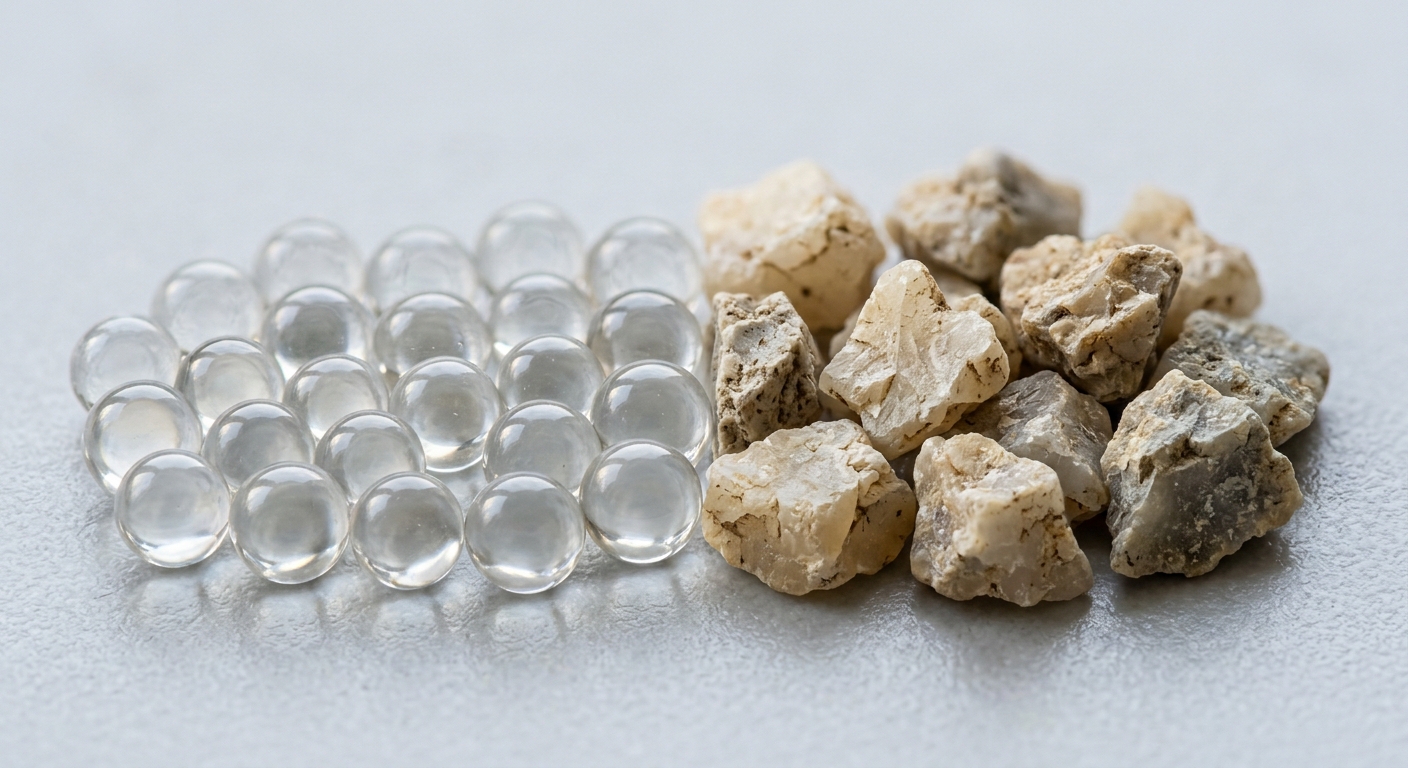 Macro comparison of smooth glass bead grains versus angular silica sand grains