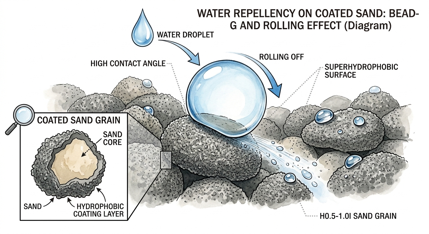 Diagram showing water droplet beading and rolling off hydrophobic sand grains