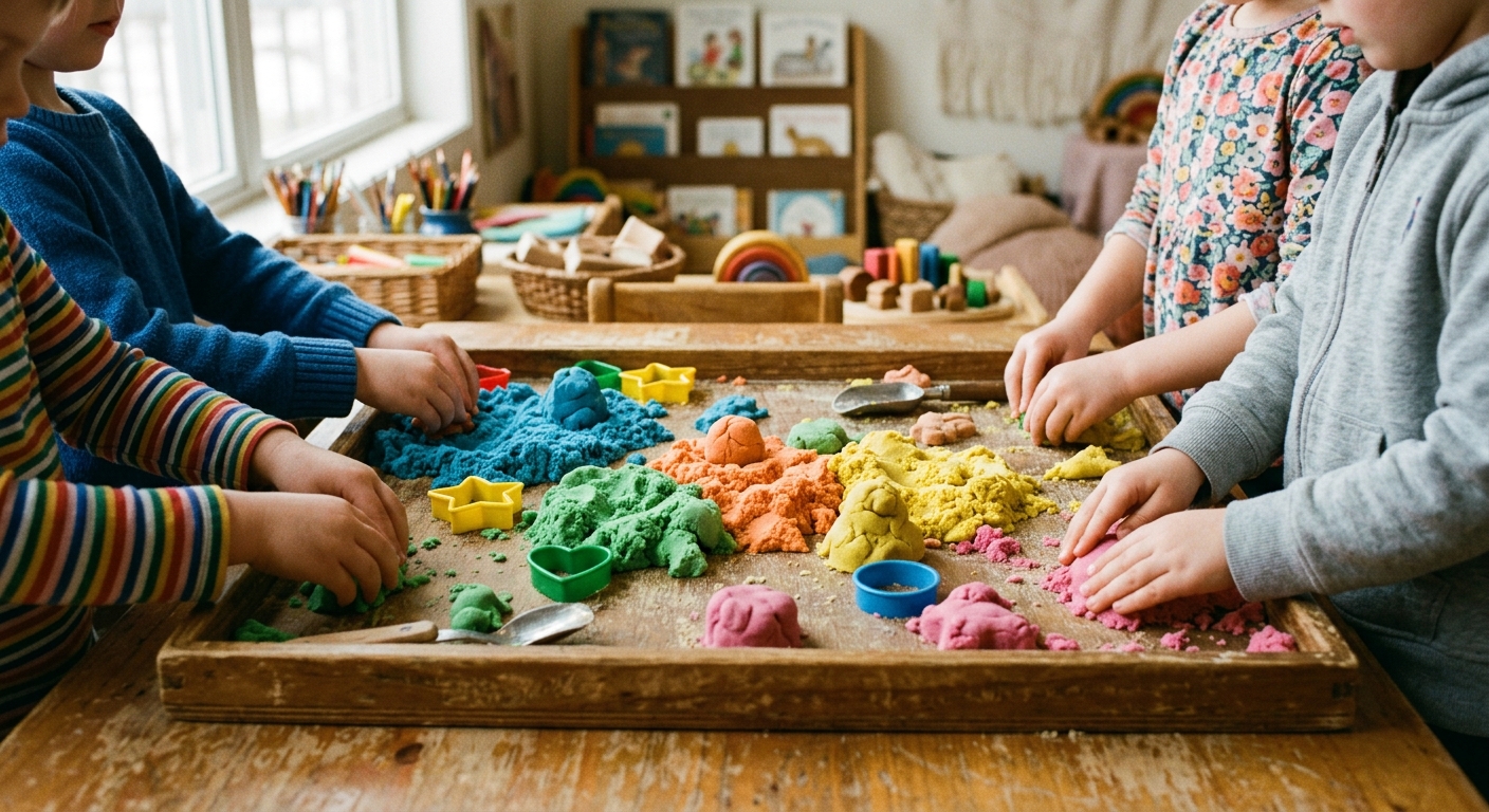 Child's hands molding sensory sand shapes on a classroom tray