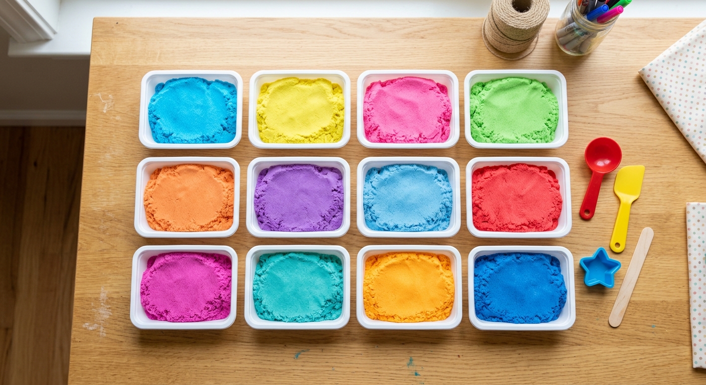 Bright evenly colored moldable sand samples arranged in craft trays