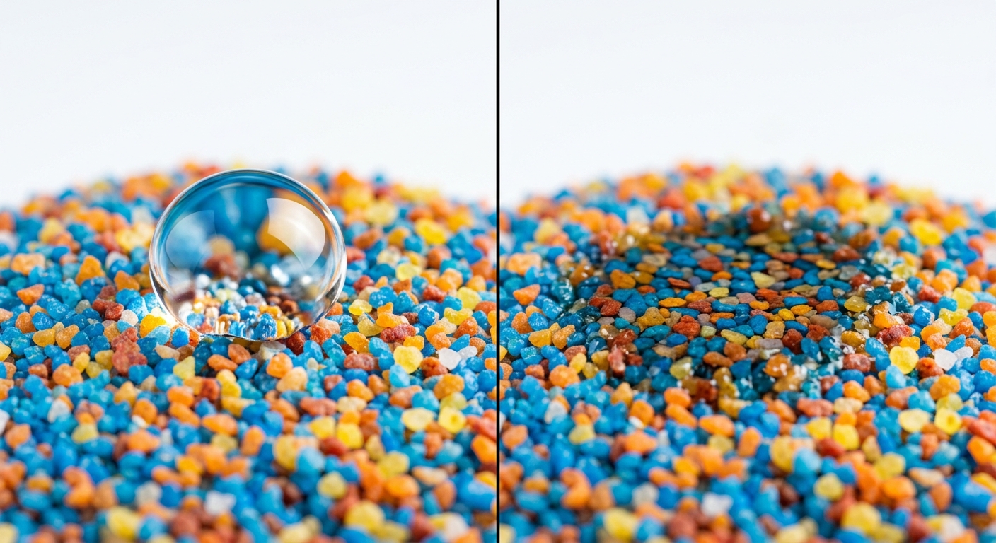 Side-by-side illustration: a water droplet beads on water-repellent colored sand, while on untreated sand the water soaks in