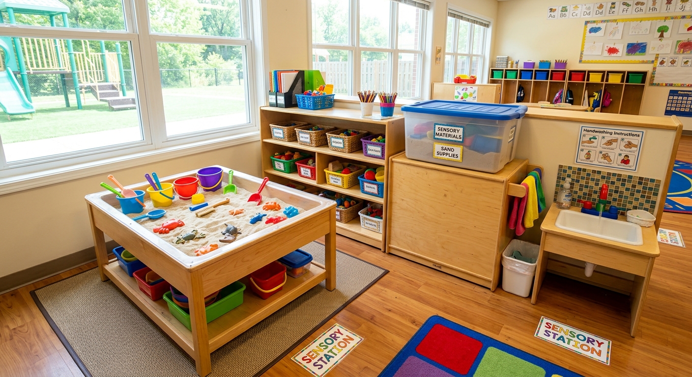Preschool sensory sand station with covered storage bin and hand-wipe area