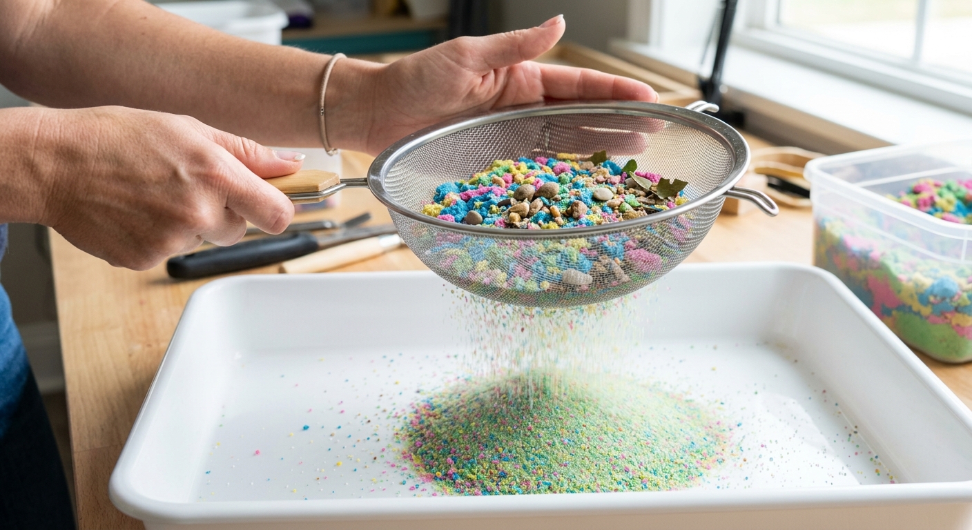 Fine mesh sieve filtering debris from colorful sensory sand
