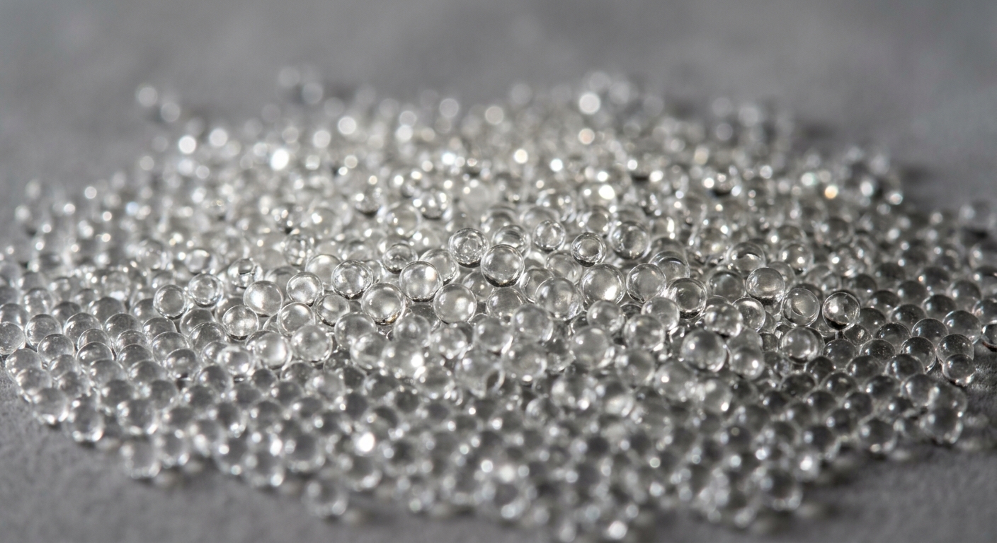 Macro view of glass bead sand grains with smooth reflective surface coating