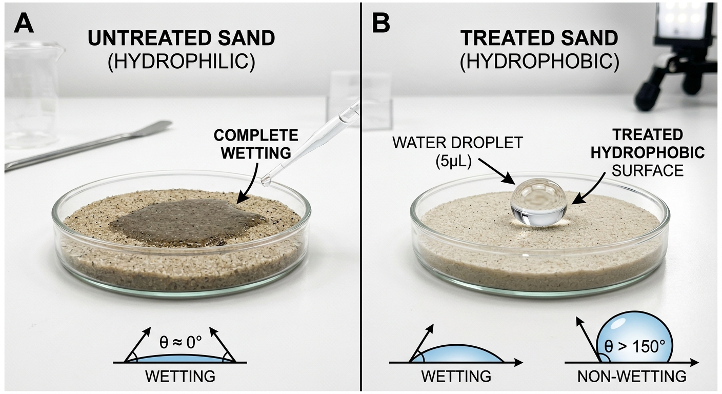 Side by side comparison of water droplet beading on treated sand versus spreading on untreated sand