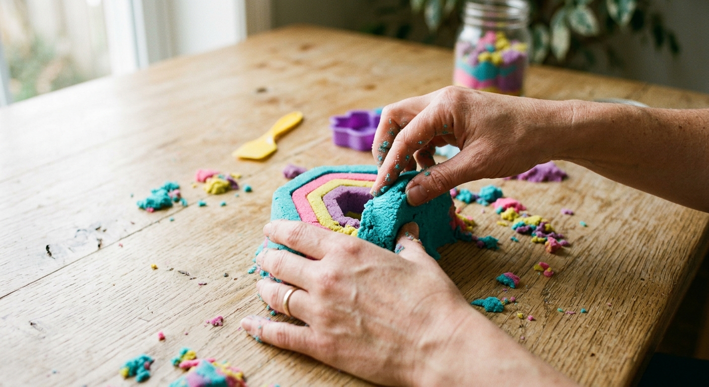 Hands molding colorful sensory sand showing cohesive moldable texture