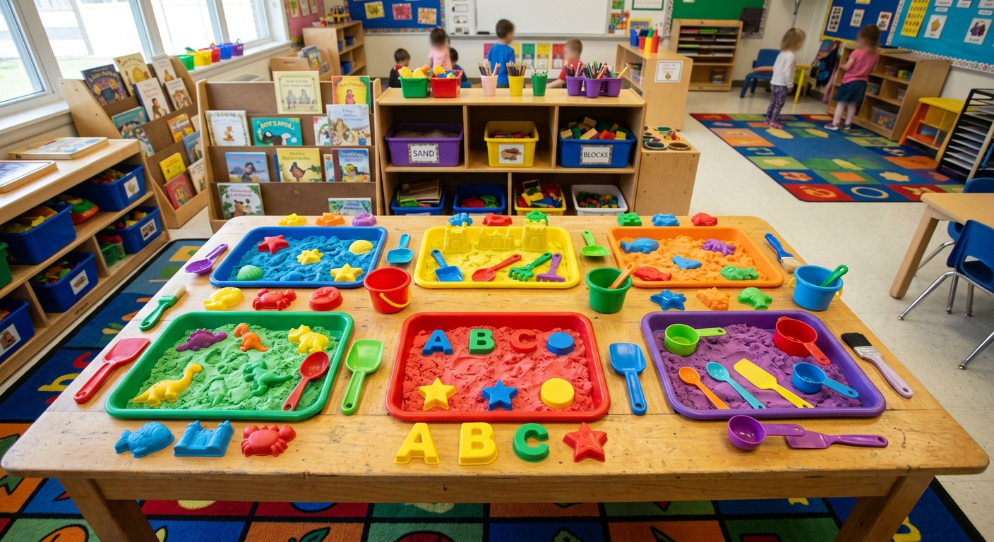 Preschool classroom sensory sand table setup with molds and trays