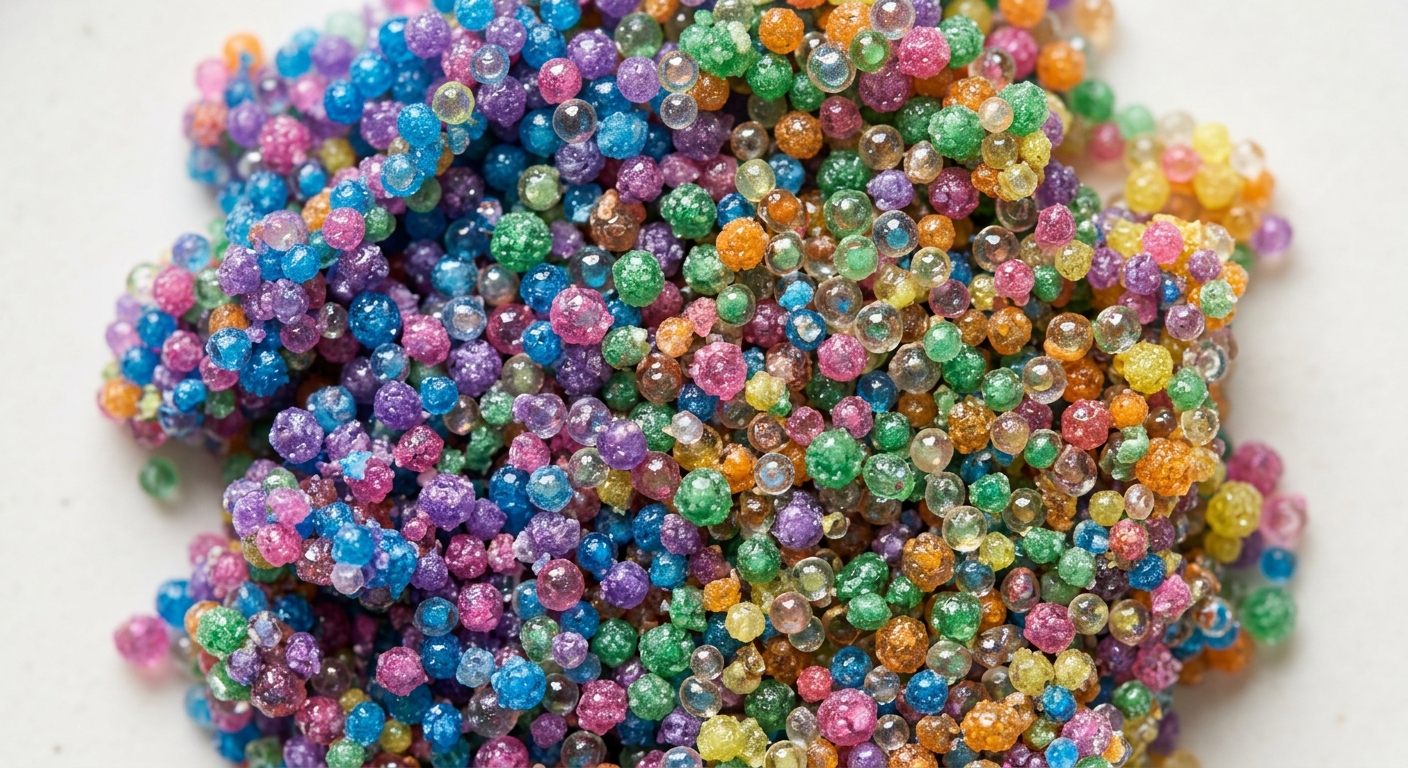 Macro texture of moldable sand grains showing glass bead coating