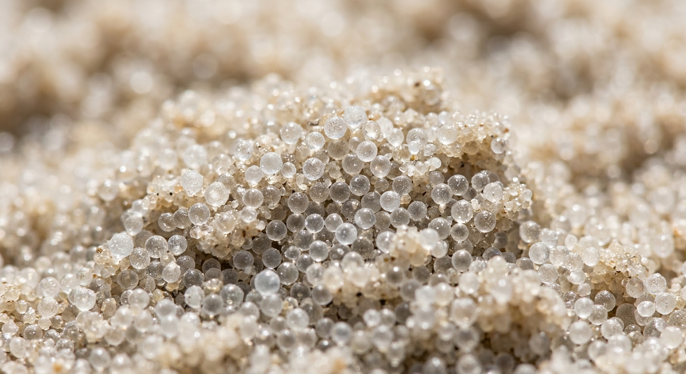Macro view of fine glass-bead moldable sand texture grains